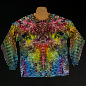 Front side of a rainbow colored Psychedelic Mindscape long sleeve ice tie-dyed shirt design; laid flat on a solid black background
