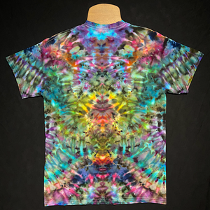 Back side of an abstract, symmetrical ice tie-dyed design featuring vibrant rainbow colors atop one-of-a-kind, pareidolia-inducing pattern.