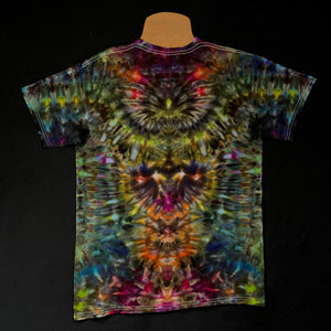 Back side of a size adult medium abstract, symmetrical ice tie-dyed design featuring a trippy, dark rainbow color scheme