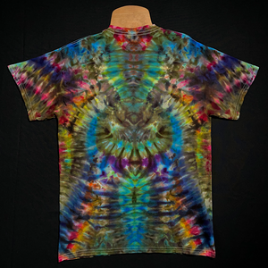 Back side of the same size medium multicolored psychedelic mindscape ice dye t-shirt design; laid flat on a solid black background