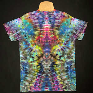 Back side of a hand-dyed, one-of-a-kind, abstract, symmetrical ice tie-dyed design featuring intense rainbow colors and a totem pole reminiscent pattern.