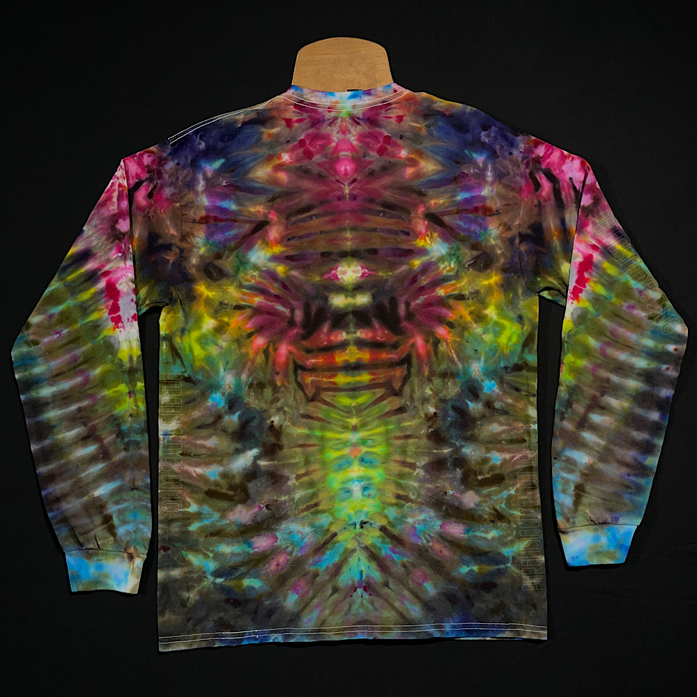Front side of an abstract, symmetrical ice tie-dyed long sleeve shirt design, featuring vibrant rainbow colors, including: pink, peach, yellow, green, blue & purple (from top to bottom)