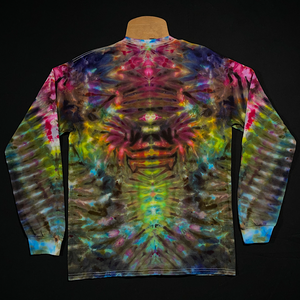 Back side of the same rainbow Psychedelic Mindscape ice tie-dyed long sleeve shirt design; laid flat on a solid black background