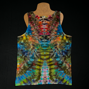 Back side of the same men's large ice dyed tank top; laid flat on a solid black background