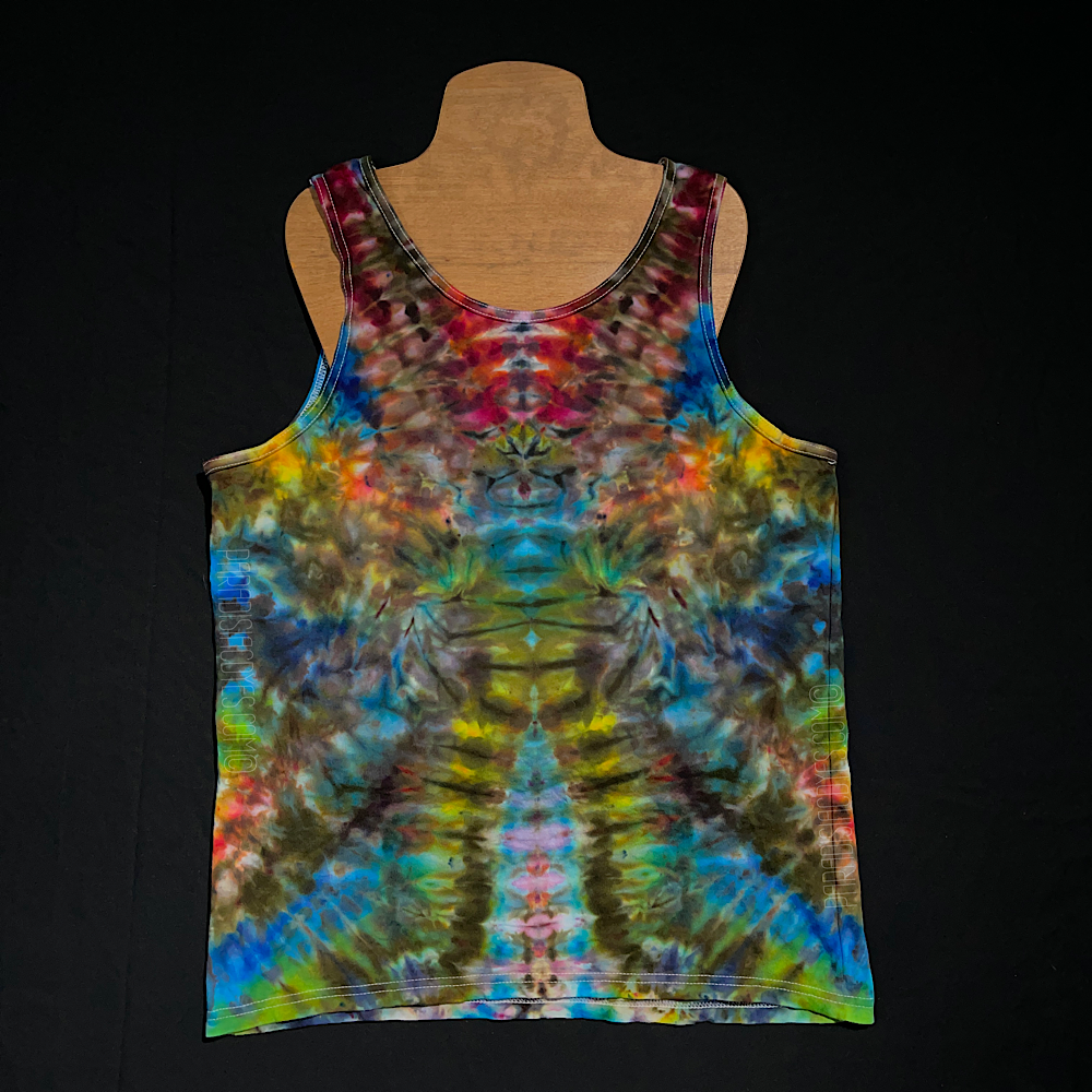 Front side of a size men's large tank top featuring an abstract, symmetrical ice tie-dyed design; featuring classic rainbow colors scattered throughout a totem pole reminiscent pattern
