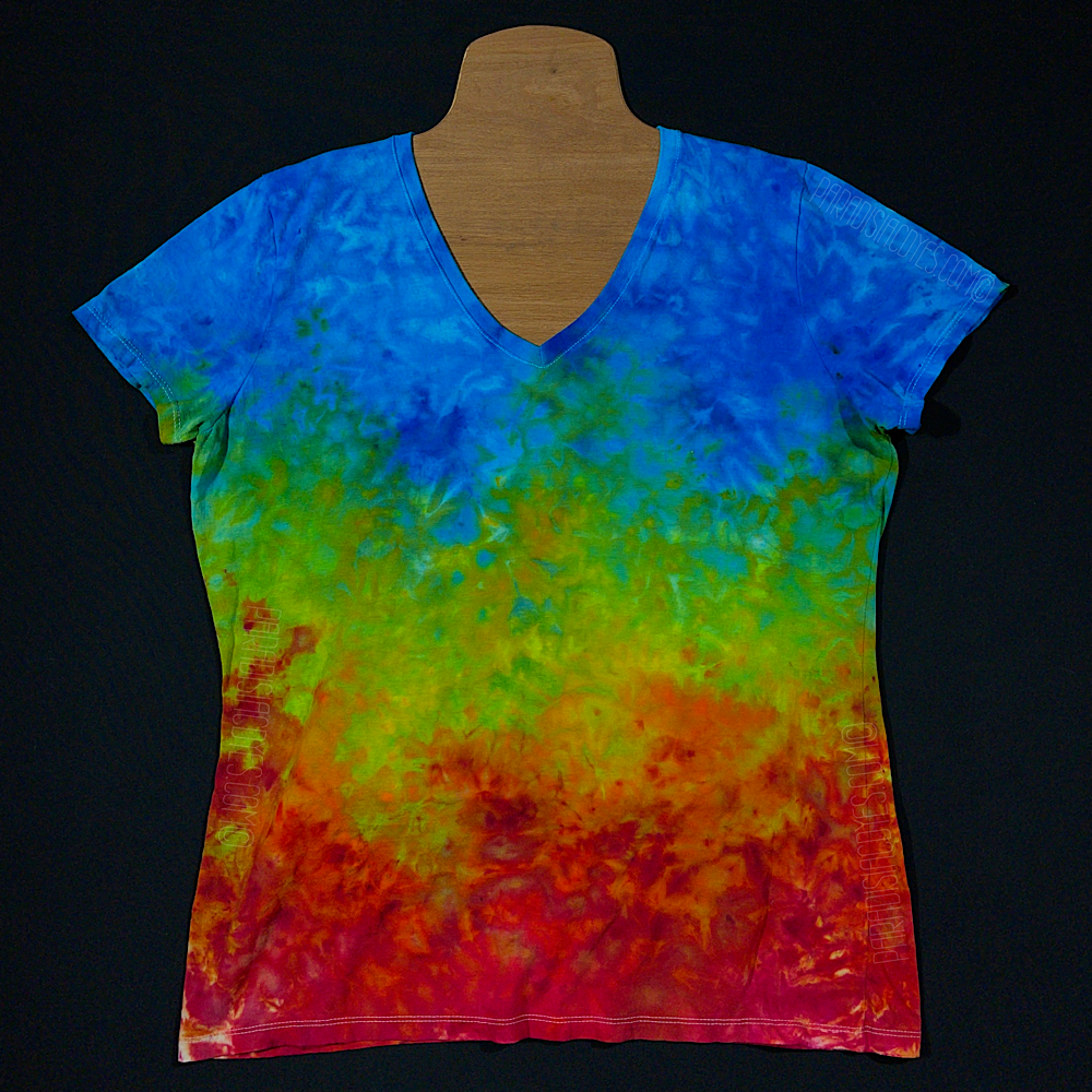 Women's XL Reverse Rainbow Splatter Ice Dye V-Neck T-Shirt