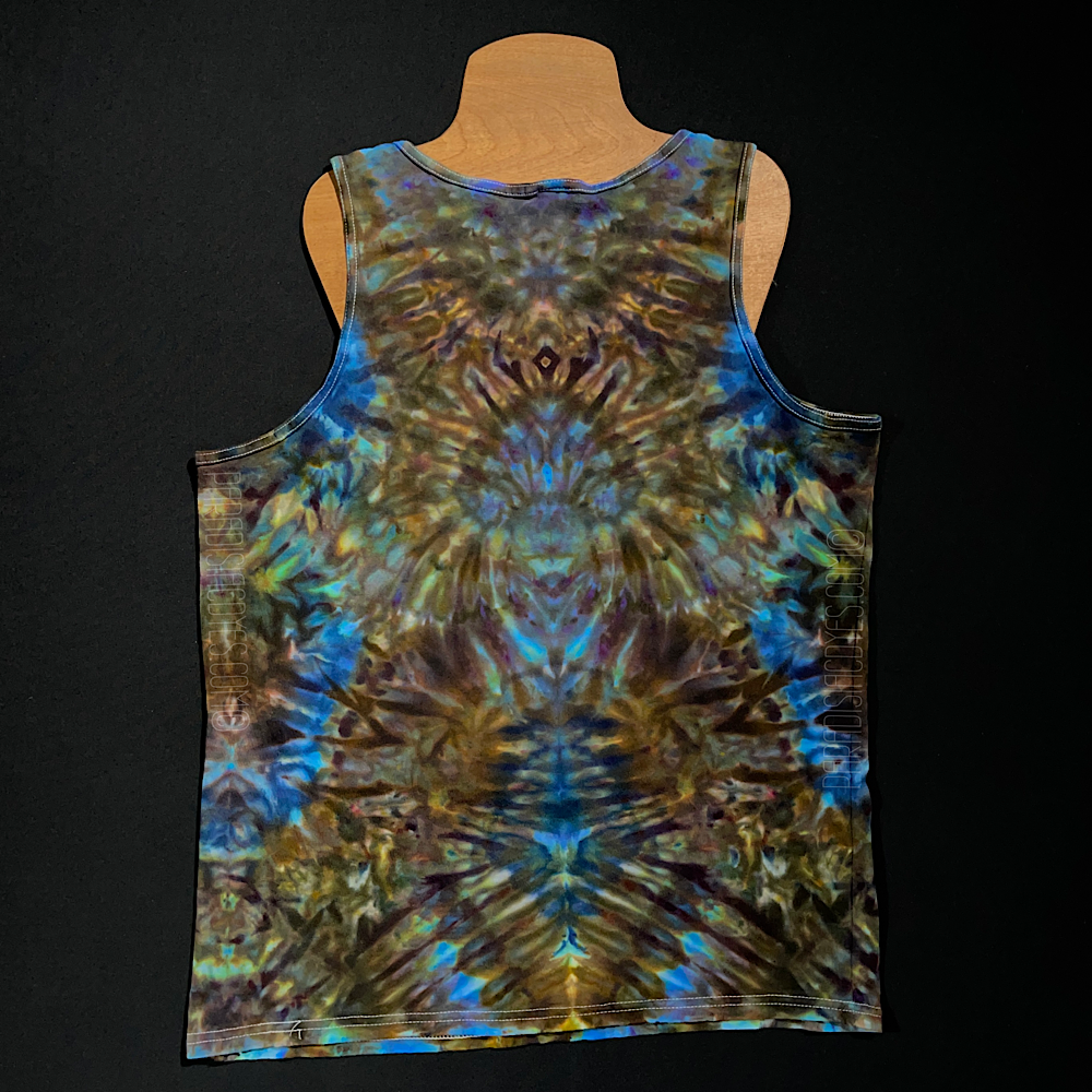 Front side of a size large men's Gildan Heavy Cotton Tank Top featuring an abstract, symmetrical, totem-pole like design in an array of blue and brown shades