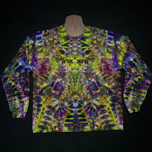 The front side of a second, different Psychedelic Mindscape long sleeve ice dye shirt design featuring the same Halloween themed green & purple color scheme, in an abstract, symmetrical pattern