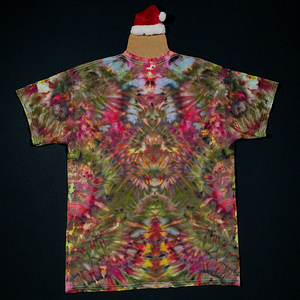 The back side of another custom handmade-to-order Merry Mindscape ice tie dyed shirt design. A Christmas inspired abstract, symmetrical pattern featuring a festive array of red, green & gold shades