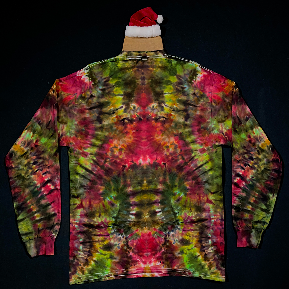 The back side of another custom handmade-to-order Christmas Psychedelic Mindscape long sleeve ice dye shirt design