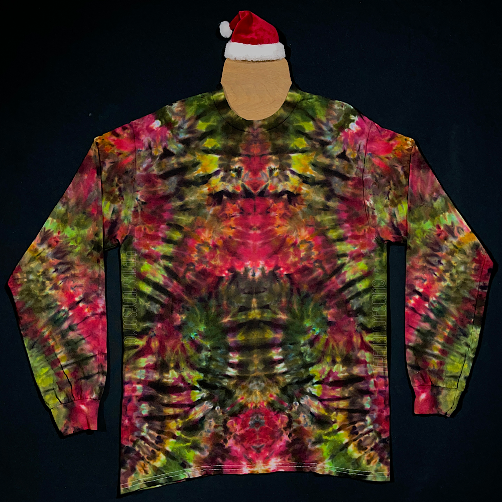Example of the front side of a Merry Mindscape ice tie dyed long sleeve shirt design; each features a one of a kind abstract, symmetrical pattern in an array of festive red, green & gold shades
