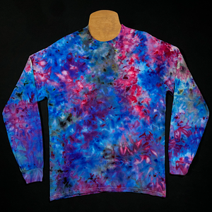 Front side of a cloud 9 splatter pattern long sleeve shirt; featuring a dreamy blend of blue & pink shades in a marbled ice dyed design