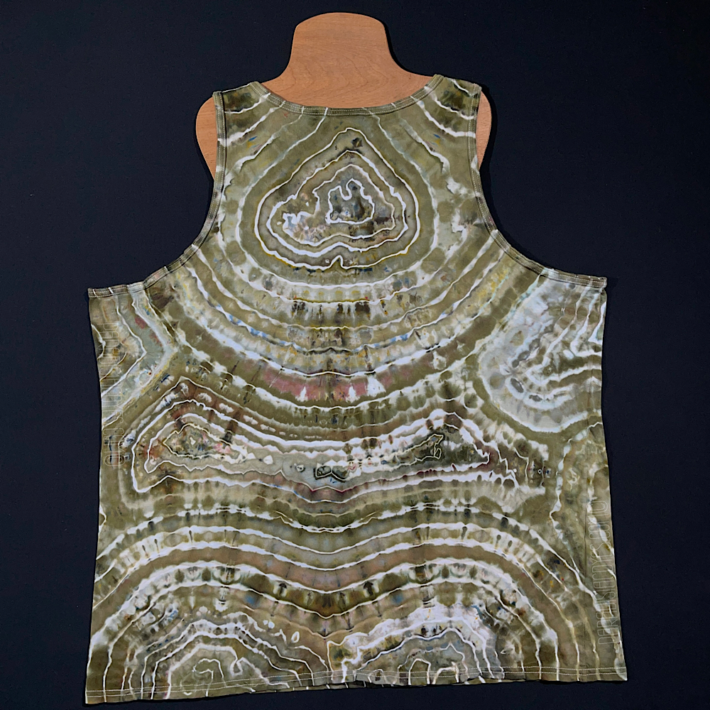 The back side of a men's size 3XL geode ice dye design tank top, which features the same earthy color scheme, but a totally different pattern from the front