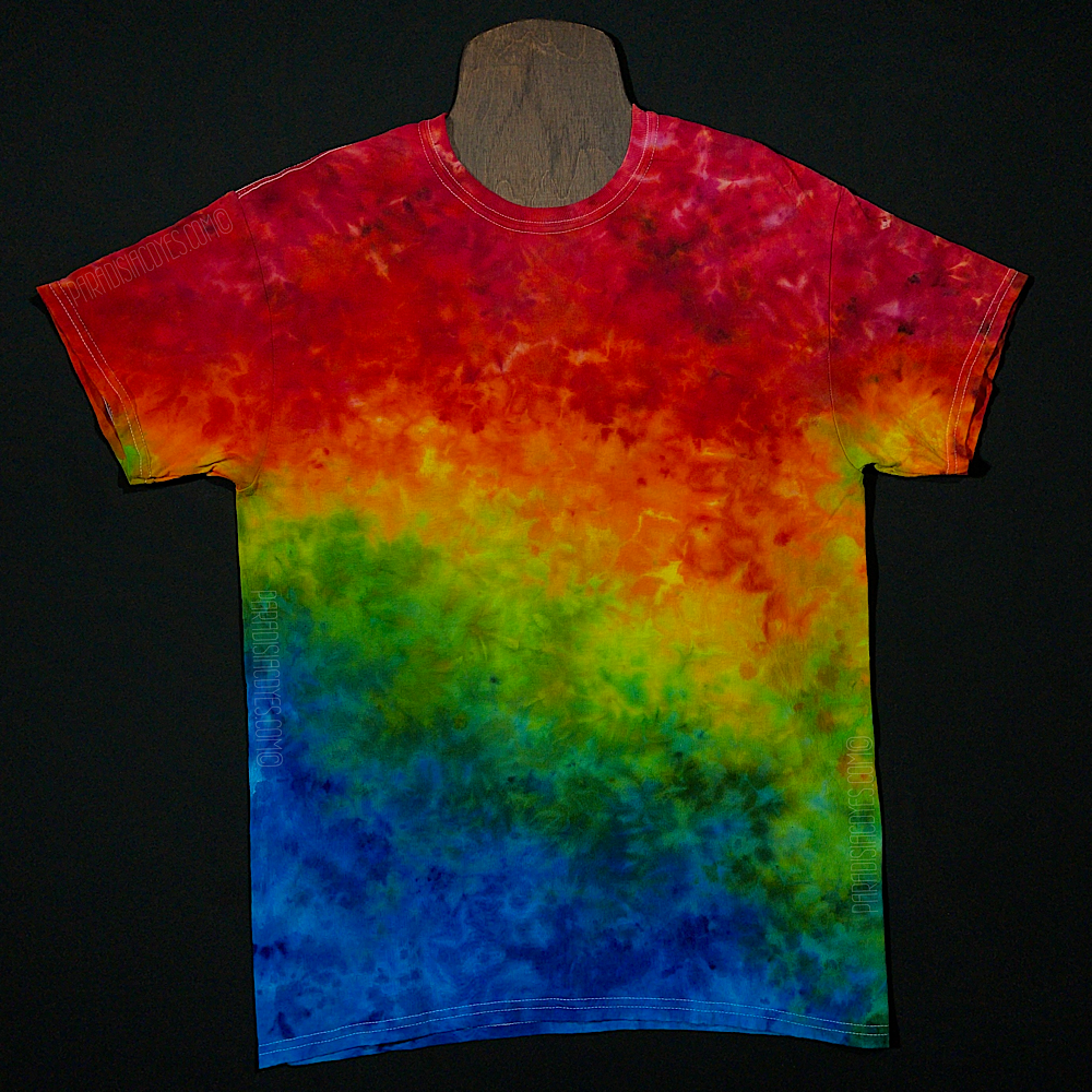 A handmade to order rainbow splatter ice dyed gradient short sleeve tie dye t-shirt