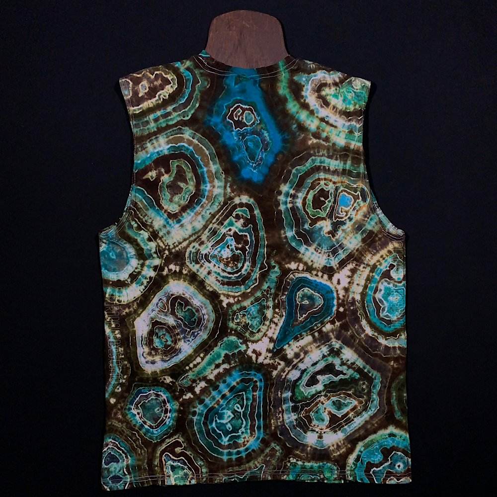 Back side of a men's large Gildan Ultra Cotton Muscle Tank in a hand-dyed, one of a kind geode tie dye design
