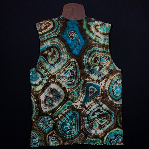 Back side of a men's large Gildan Ultra Cotton Muscle Tank in a hand-dyed, one of a kind geode tie dye design