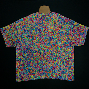 Size 4XL tie dye shirt featuring a full spectrum of rainbow colors in every shade imaginable in our supreme splatter tie dye pattern. Also sometimes referred to as a crinkle, crumple or scrunch tie dye fold. 