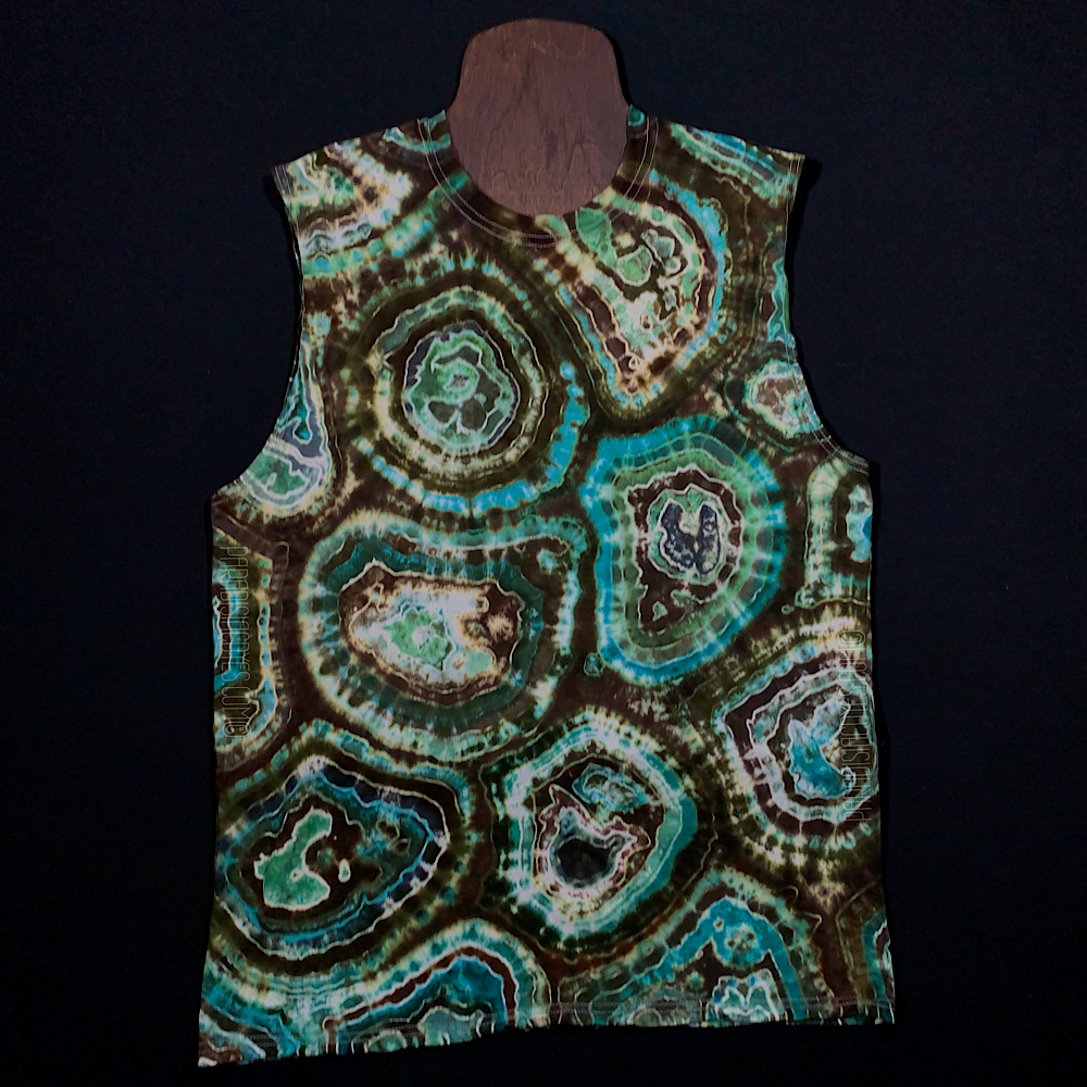 Front side of a mint, teal and jade green with brown agate geode tie dye design on a Gildan Ultra Cotton Men's Tank Top 