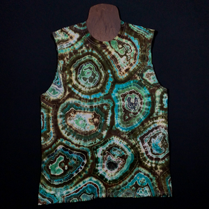 Front side of a mint, teal and jade green with brown agate geode tie dye design on a Gildan Ultra Cotton Men's Tank Top 