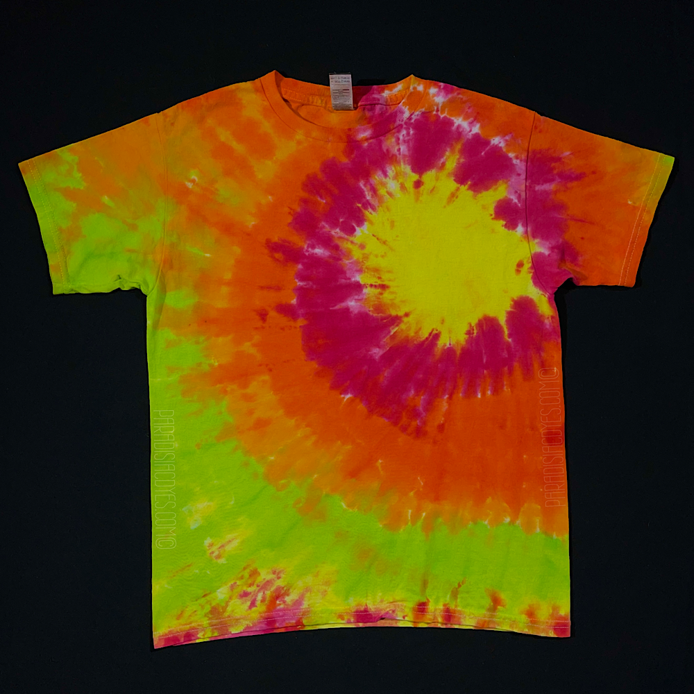 Example of a right side pocket logo style tie dye shirt in a different color combination, featuring yellow, pink, orange and neon lime green