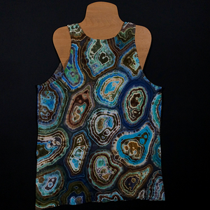Back side of Size Adult Medium American Apparel Fine Jersey Tank Top featuring a Natural Agate Geode Inspired Pattern with Earthy Blue and Gray Shades. All Geode Designs Feature a Wildly Unique, Distinctly Different Pattern on Both the Front and Back Side. 