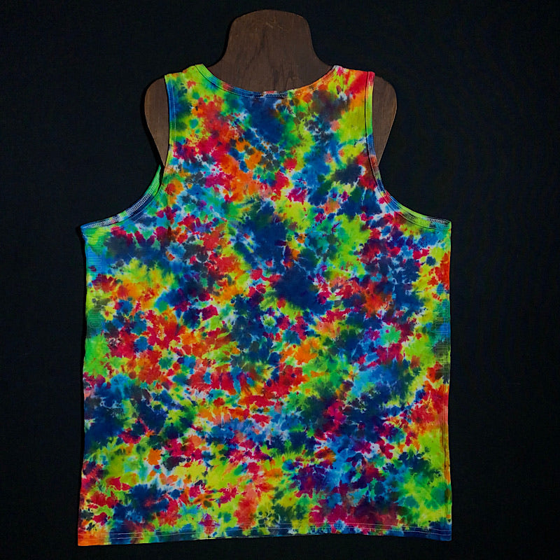 Front side of a size large Gildan Heavy Cotton Men's Tank Top in a one of a kind, vibrant rainbow splatter tie dye design