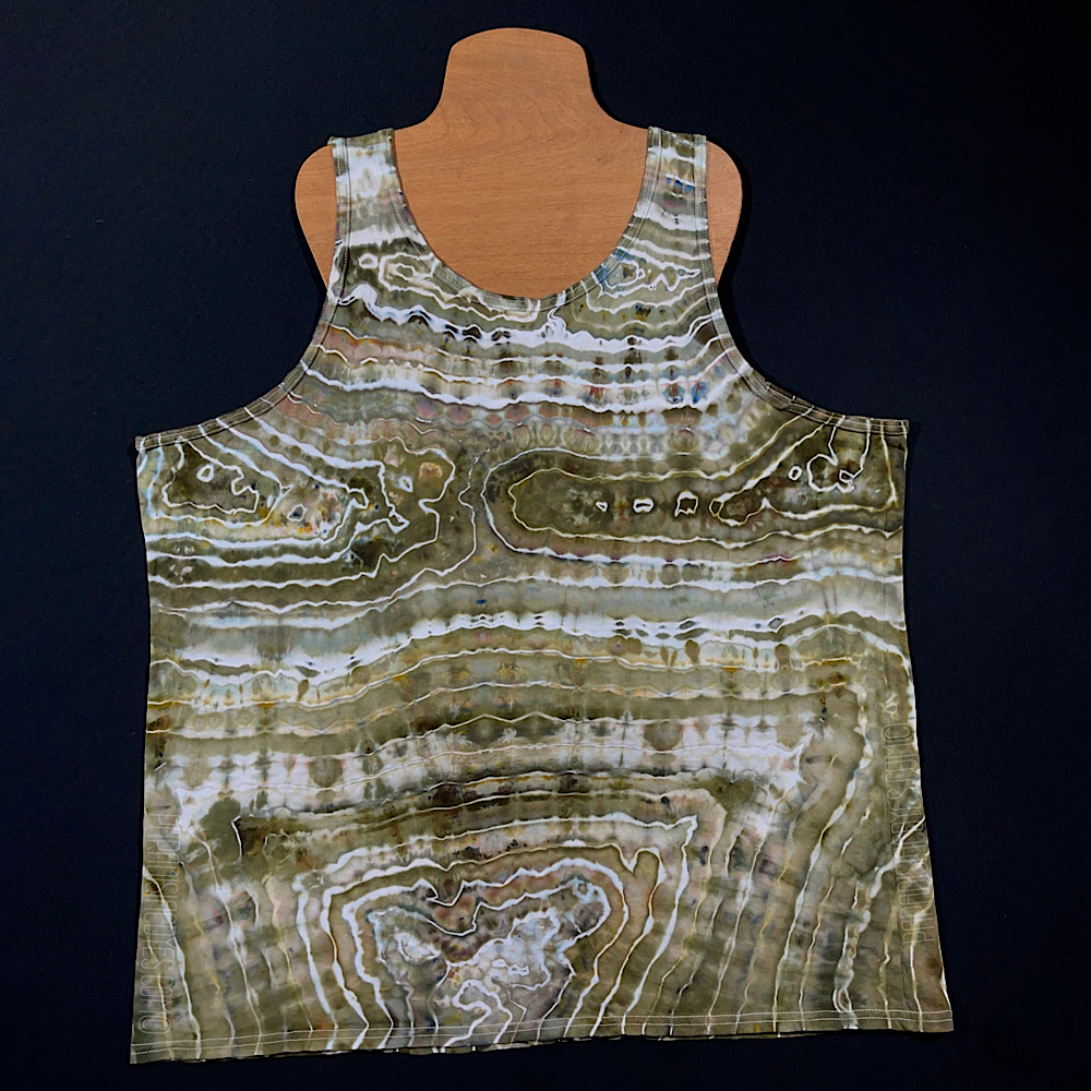 Front side of a men's 3XL geode design tank top featuring an earthy, rustic array of natural brown and muted green shades