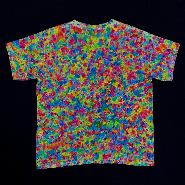 Back side of Youth small tie dye shirt featuring a paint splatter reminiscent pattern with vibrant neon rainbow colors, primarily Shades of: pink, orange, yellow, green and blue