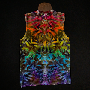the back side of a size medium Gildan Ultra Cotton Men's Muscle Tank featuring a psychedelic Mindscape ice dyed design
