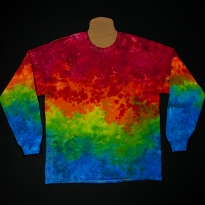 A handmade to order vibrant rainbow gradient splatter pattern tie dye long sleeve shirt