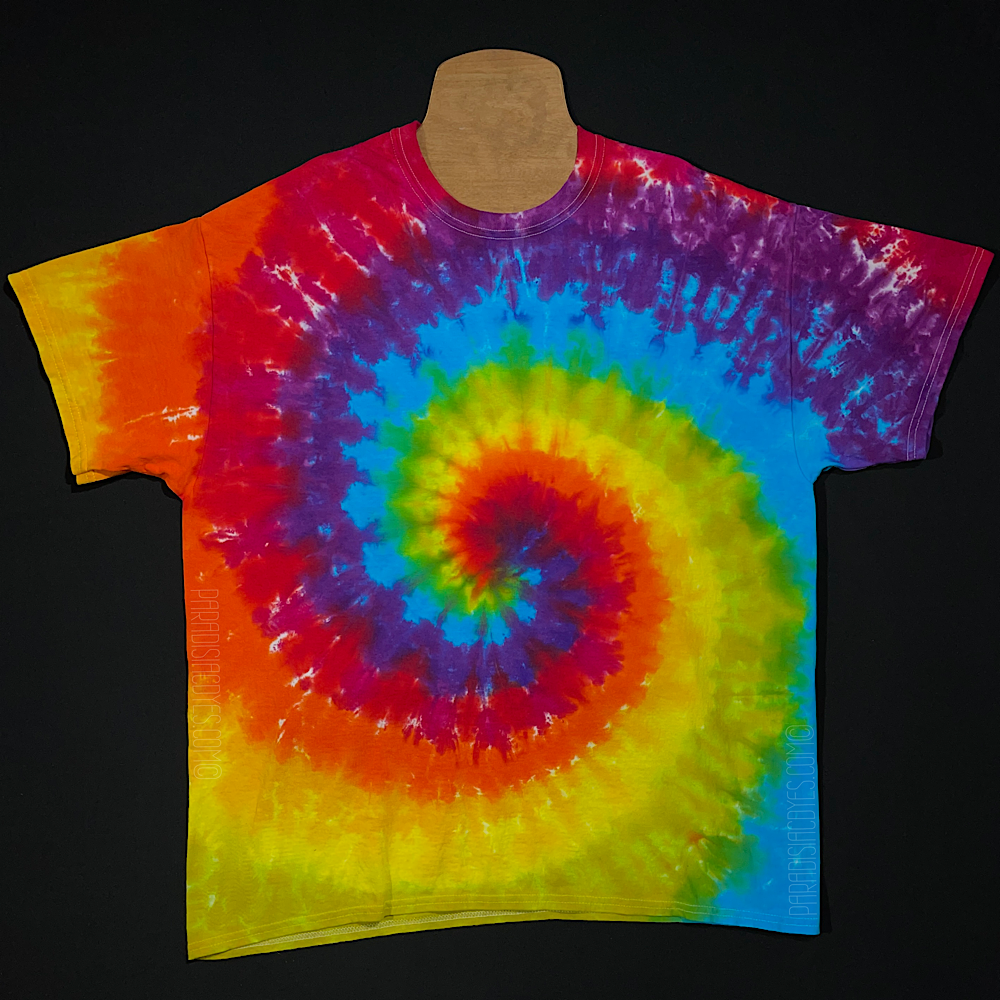 Spiral Tie Dye Short Sleeve Shirt With Red, Orange, Yellow, Green, Blue and Purple