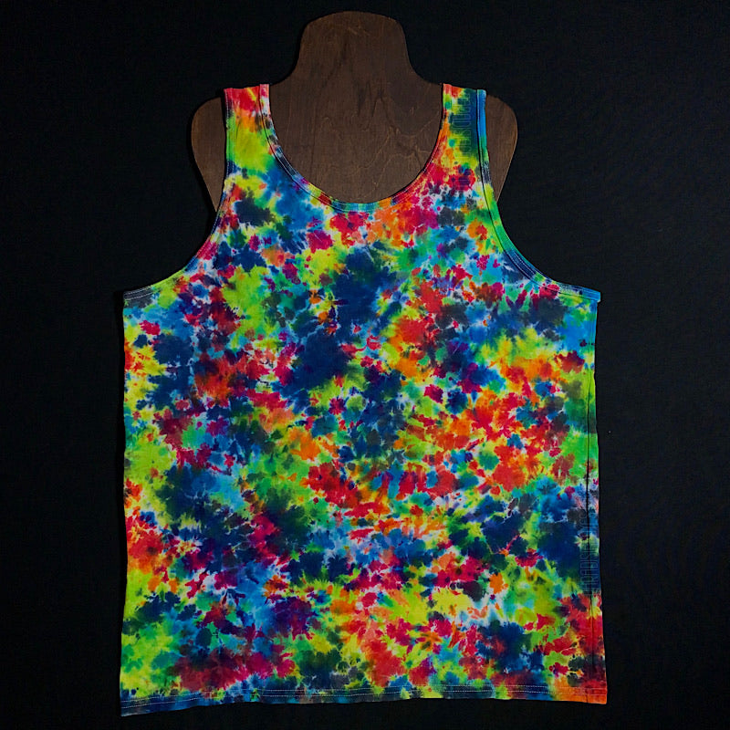 Front side of a size large Gildan Heavy Cotton Men's Tank Top in a one of a kind, vibrant rainbow splatter tie dye design