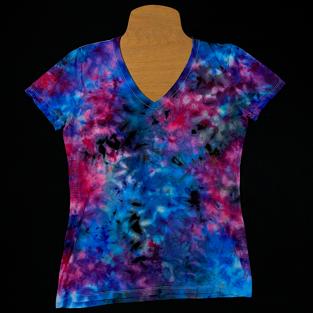Front side of a cloud 9 marbled splatter ice dye pattern women's v-neck style t-shirt