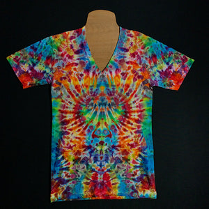 Size small American Apparel fine jersey v-neck shirt featuring a symmetrical psychedelic mindscape pattern with traditional rainbow colors, including: red, orange, yellow, green and blue shades in a mesmerizing ice dyed design