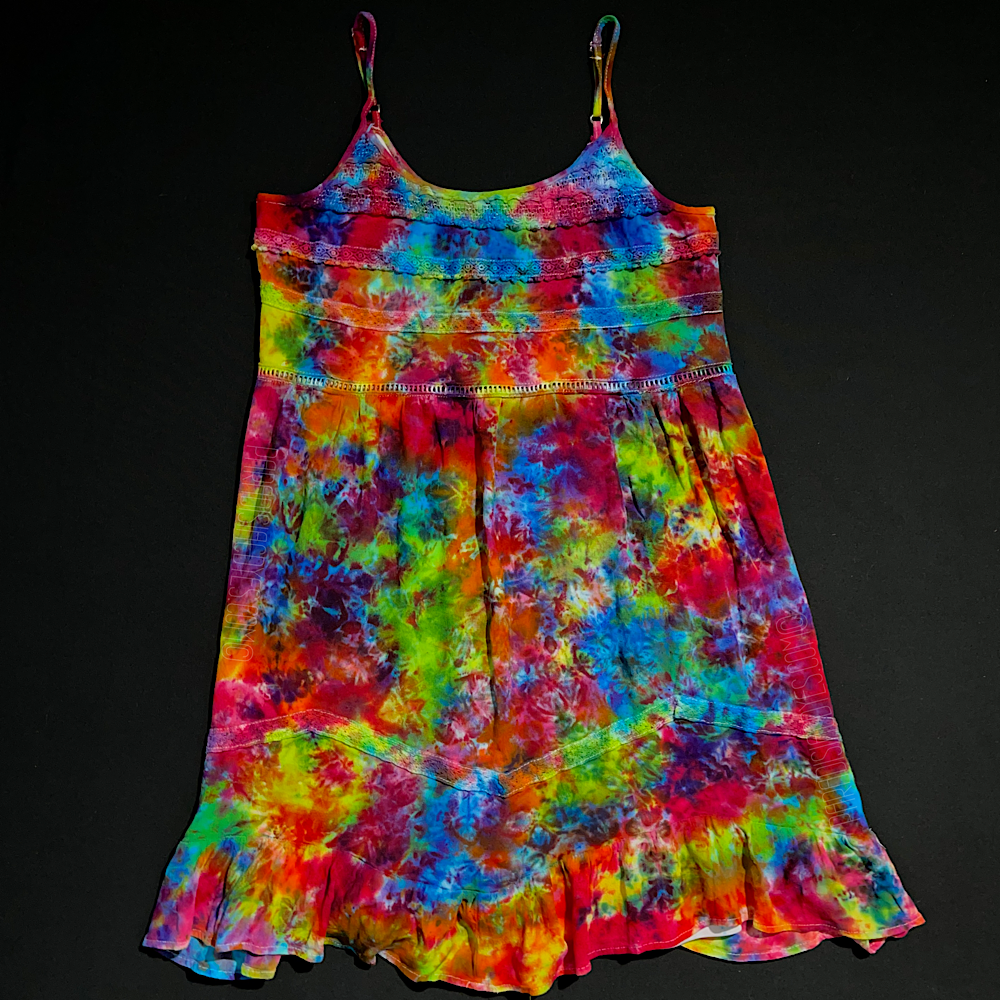 Front side, full shot of the dress which features vibrant marbled rainbow ice dyed design