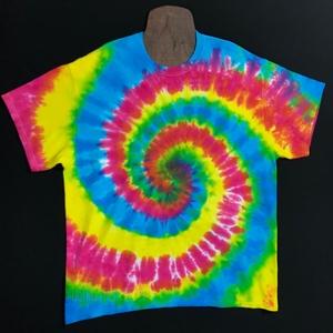 Front side of a Neon Highlighter Spiral tie dye short sleeve shirt. This design features hot fucshia pink, fluorescent yellow and intense aqua blue in a spiral design