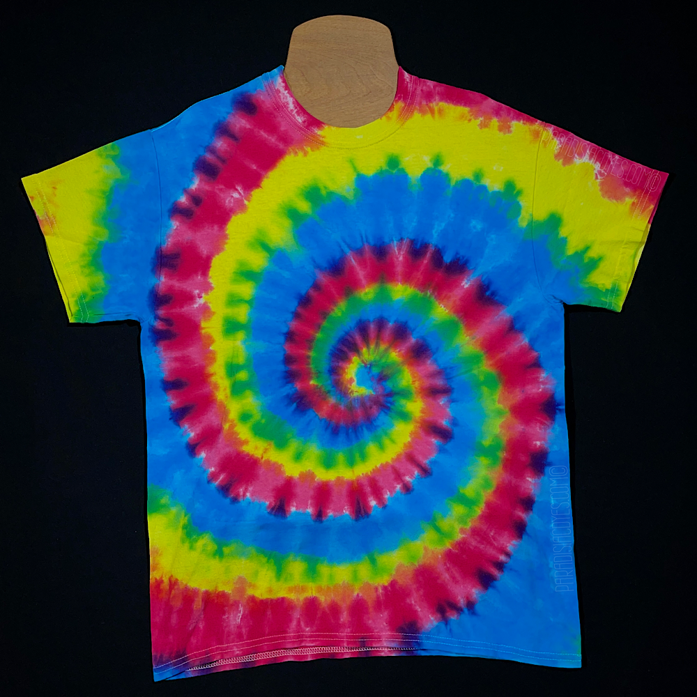 Front side of a Neon Highlighter Spiral tie dye short sleeve shirt. This design features hot fucshia pink, fluorescent yellow and intense aqua blue in a spiral design