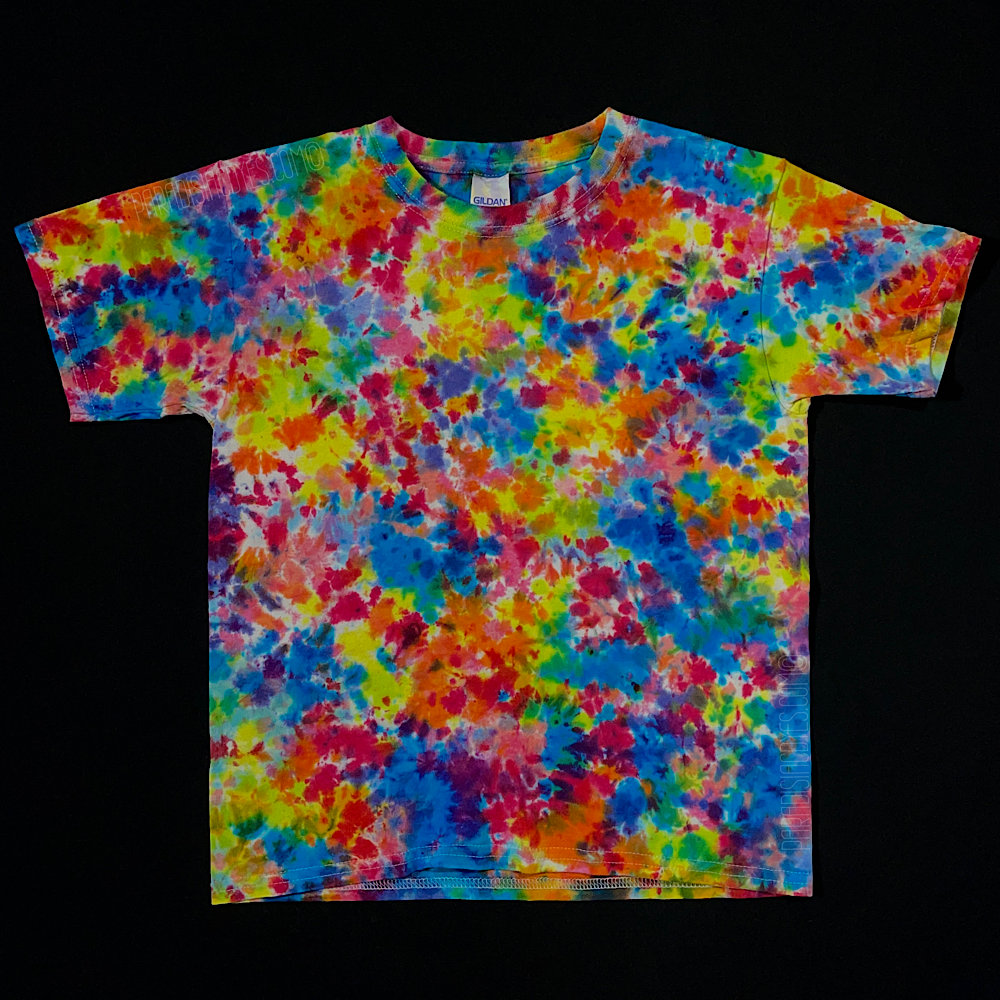 Front side of a size youth small short sleeve, crewneck style tie dye shirt featuring a vibrant blend of pastel, spring-toned rainbow colors in a paint splatter-like pattern