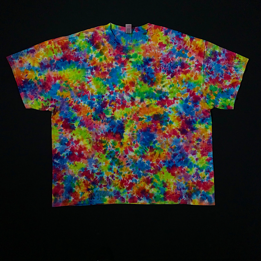 3XL short sleeve tie dye shirt featuring a painting-like splatter tie dye pattern with vibrant rainbow colors 