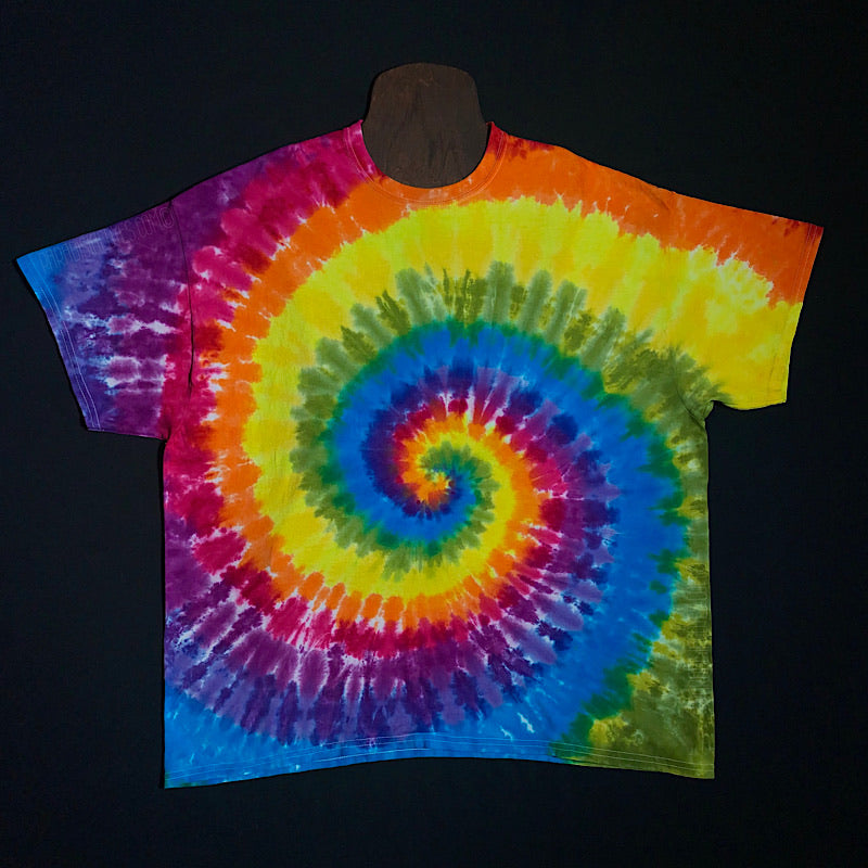Spiral Tie Dye Short Sleeve Shirt With Red, Orange, Yellow, Green, Blue and Two Different Shades of Purple