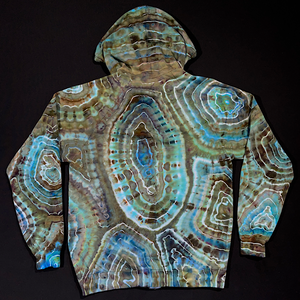 Back side of the agate geode ice dye zipup hoodie, displayed with the hood up to show the entirety of the hoodie design
