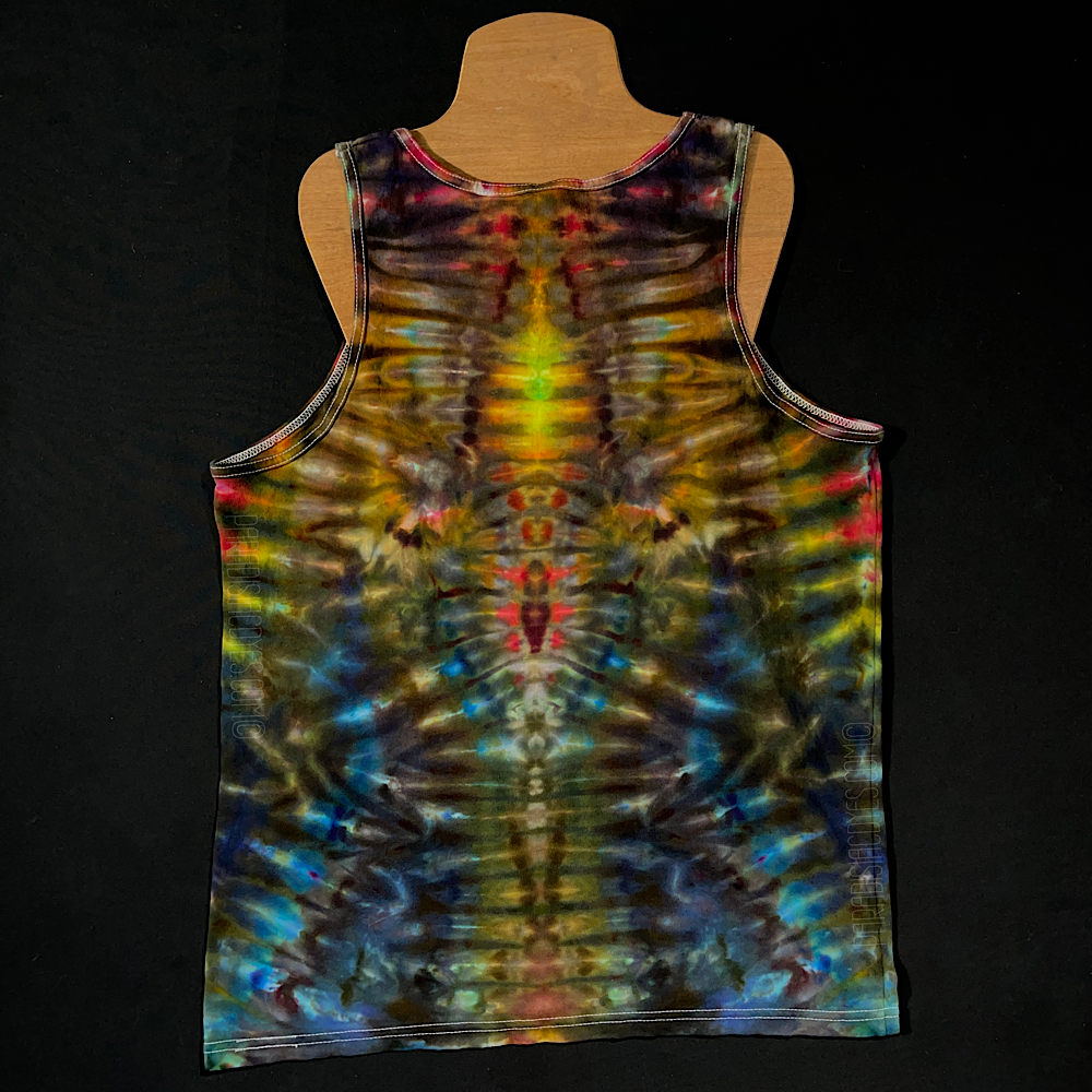 Back side of a men's size large abstract, symmetrical Psychedelic Mindscape tank top featuring an array of rainbow colors; laid flat on a solid black background